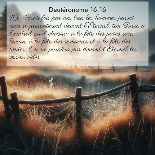Segond21 Deutéronome  ; image nature: image avec le verset biblique :»Trois fois par an, tous les hommes parmi vous se présenteront devant l&#039;Eternel, ton Dieu, à l&#039;endroit qu&#039;il choisira: à la fête des pains sans levain, à la fête des semaines et à la fête des tentes. On ne paraîtra pas devant l&#039;Eternel les mains vides. ;  ; 16:16
