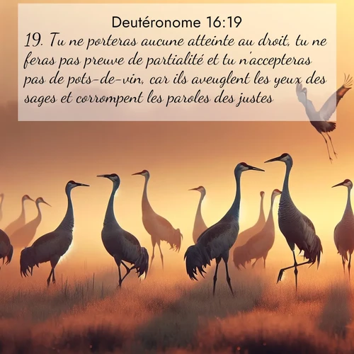 Segond21 Deutéronome  ; image nature: image avec le verset biblique :Tu ne porteras aucune atteinte au droit, tu ne feras pas preuve de partialité et tu n&#039;accepteras pas de pots-de-vin, car ils aveuglent les yeux des sages et corrompent les paroles des justes. ;  ; 16:19