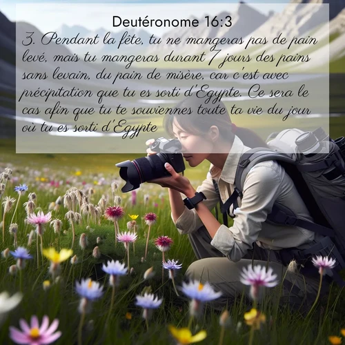 Segond21 Deutéronome  ; image nature: image avec le verset biblique :Pendant la fête, tu ne mangeras pas de pain levé, mais tu mangeras durant 7 jours des pains sans levain, du pain de misère, car c&#039;est avec précipitation que tu es sorti d&#039;Egypte. Ce sera le cas afin que tu te souviennes toute ta vie du jour où tu es sorti d&#039;Egypte. ;  ; 16:3