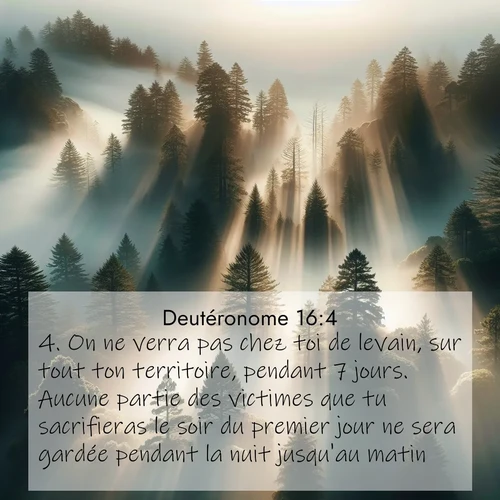 Segond21 Deutéronome  ; image nature: image avec le verset biblique :On ne verra pas chez toi de levain, sur tout ton territoire, pendant 7 jours. Aucune partie des victimes que tu sacrifieras le soir du premier jour ne sera gardée pendant la nuit jusqu&#039;au matin. ;  ; 16:4