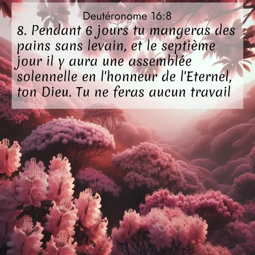 Segond21 Deutéronome  ; image nature: image avec le verset biblique :Pendant 6 jours tu mangeras des pains sans levain, et le septième jour il y aura une assemblée solennelle en l&#039;honneur de l&#039;Eternel, ton Dieu. Tu ne feras aucun travail. ;  ; 16:8