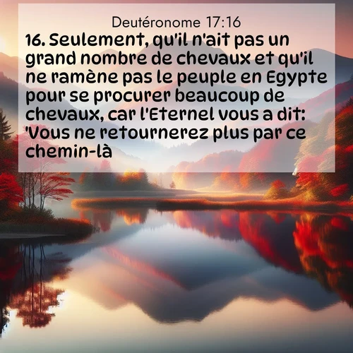 Segond21 Deutéronome  ; image nature: image avec le verset biblique :Seulement, qu&#039;il n&#039;ait pas un grand nombre de chevaux et qu&#039;il ne ramène pas le peuple en Egypte pour se procurer beaucoup de chevaux, car l&#039;Eternel vous a dit: &#039;Vous ne retournerez plus par ce chemin-là.&#039; ;  ; 17:16