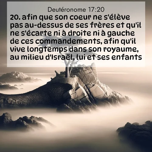 Segond21 Deutéronome  ; image nature: image avec le verset biblique :afin que son coeur ne s&#039;élève pas au-dessus de ses frères et qu&#039;il ne s&#039;écarte ni à droite ni à gauche de ces commandements, afin qu&#039;il vive longtemps dans son royaume, au milieu d&#039;Israël, lui et ses enfants. ;  ; 17:20