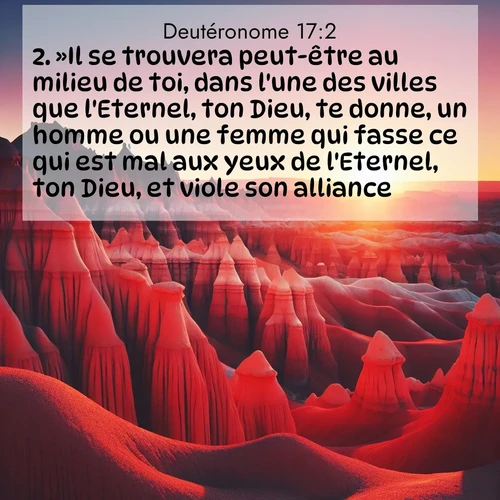 Segond21 Deutéronome  ; image nature: image avec le verset biblique :»Il se trouvera peut-être au milieu de toi, dans l&#039;une des villes que l&#039;Eternel, ton Dieu, te donne, un homme ou une femme qui fasse ce qui est mal aux yeux de l&#039;Eternel, ton Dieu, et viole son alliance, ;  ; 17:2
