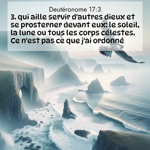 Segond21 Deutéronome  ; image nature: image avec le verset biblique :qui aille servir d&#039;autres dieux et se prosterner devant eux: le soleil, la lune ou tous les corps célestes. Ce n&#039;est pas ce que j&#039;ai ordonné. ;  ; 17:3