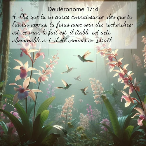 Segond21 Deutéronome  ; image nature: image avec le verset biblique :Dès que tu en auras connaissance, dès que tu l&#039;auras appris, tu feras avec soin des recherches: est-ce vrai, le fait est-il établi, cet acte abominable a-t-il été commis en Israël? ;  ; 17:4