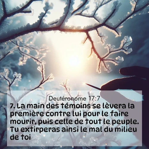 Segond21 Deutéronome  ; image nature: image avec le verset biblique :La main des témoins se lèvera la première contre lui pour le faire mourir, puis celle de tout le peuple. Tu extirperas ainsi le mal du milieu de toi. ;  ; 17:7