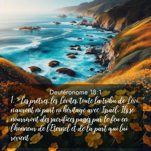 Segond21 Deutéronome  ; image nature: image avec le verset biblique :»Les prêtres, les Lévites, toute la tribu de Lévi, n&#039;auront ni part ni héritage avec Israël. Ils se nourriront des sacrifices passés par le feu en l&#039;honneur de l&#039;Eternel et de la part qui lui revient. ;  ; 18:1