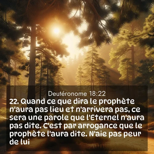 Segond21 Deutéronome  ; image nature: image avec le verset biblique :Quand ce que dira le prophète n&#039;aura pas lieu et n&#039;arrivera pas, ce sera une parole que l&#039;Eternel n&#039;aura pas dite. C&#039;est par arrogance que le prophète l&#039;aura dite. N&#039;aie pas peur de lui. ;  ; 18:22