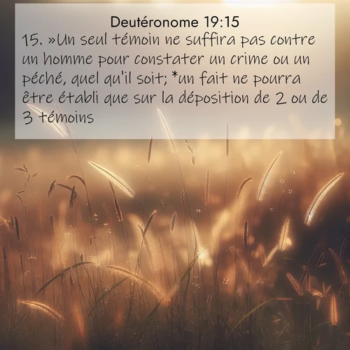 Segond21 Deutéronome  ; image nature: image avec le verset biblique :»Un seul témoin ne suffira pas contre un homme pour constater un crime ou un péché, quel qu&#039;il soit; *un fait ne pourra être établi que sur la déposition de 2 ou de 3 témoins. ;  ; 19:15