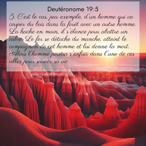 Segond21 Deutéronome  ; image nature: image avec le verset biblique :C&#039;est le cas, par exemple, d&#039;un homme qui va couper du bois dans la forêt avec un autre homme. La hache en main, il s&#039;élance pour abattre un arbre. Le fer se détache du manche, atteint le compagnon de cet homme et lui donne la mort. Alors l&#039;homme pourra s&#039;enfuir dans l&#039;une de ces villes pour sauver sa vie. ;  ; 19:5