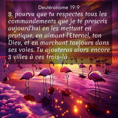Segond21 Deutéronome  ; image nature: image avec le verset biblique :pourvu que tu respectes tous les commandements que je te prescris aujourd&#039;hui en les mettant en pratique, en aimant l&#039;Eternel, ton Dieu, et en marchant toujours dans ses voies. Tu ajouteras alors encore 3 villes à ces trois-là, ;  ; 19:9
