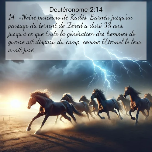 Segond21 Deutéronome  ; image nature: image avec le verset biblique :»Notre parcours de Kadès-Barnéa jusqu&#039;au passage du torrent de Zéred a duré 38 ans, jusqu&#039;à ce que toute la génération des hommes de guerre ait disparu du camp, comme l&#039;Eternel le leur avait juré. ;  ; 2:14