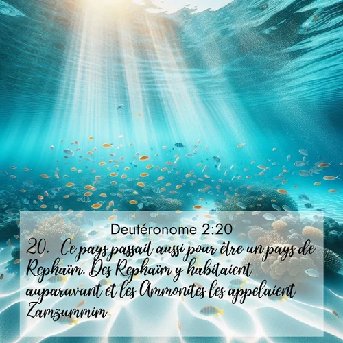 Segond21 Deutéronome  ; image nature: image avec le verset biblique : Ce pays passait aussi pour être un pays de Rephaïm. Des Rephaïm y habitaient auparavant et les Ammonites les appelaient Zamzummim: ;  ; 2:20