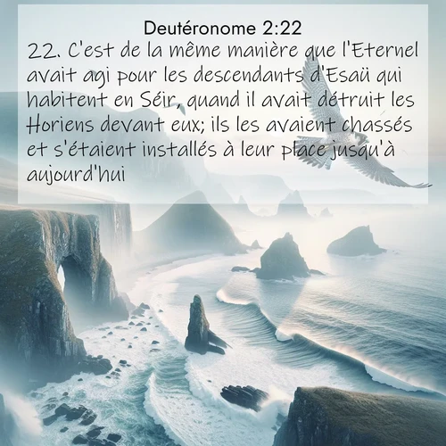 Segond21 Deutéronome  ; image nature: image avec le verset biblique :C&#039;est de la même manière que l&#039;Eternel avait agi pour les descendants d&#039;Esaü qui habitent en Séir, quand il avait détruit les Horiens devant eux; ils les avaient chassés et s&#039;étaient installés à leur place jusqu&#039;à aujourd&#039;hui. ;  ; 2:22