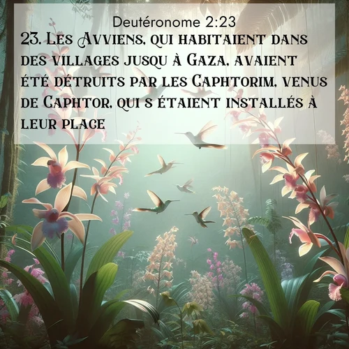 Segond21 Deutéronome  ; image nature: image avec le verset biblique :Les Avviens, qui habitaient dans des villages jusqu&#039;à Gaza, avaient été détruits par les Caphtorim, venus de Caphtor, qui s&#039;étaient installés à leur place.  ;  ; 2:23