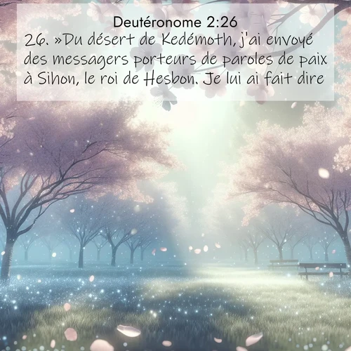 Segond21 Deutéronome  ; image nature: image avec le verset biblique :»Du désert de Kedémoth, j&#039;ai envoyé des messagers porteurs de paroles de paix à Sihon, le roi de Hesbon. Je lui ai fait dire: ;  ; 2:26