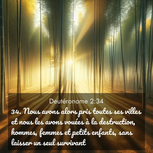 Segond21 Deutéronome  ; image nature: image avec le verset biblique :Nous avons alors pris toutes ses villes et nous les avons vouées à la destruction, hommes, femmes et petits enfants, sans laisser un seul survivant. ;  ; 2:34