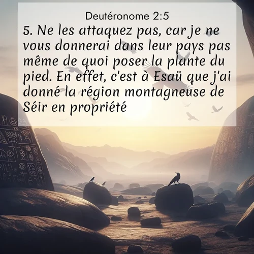 Segond21 Deutéronome  ; image nature: image avec le verset biblique :Ne les attaquez pas, car je ne vous donnerai dans leur pays pas même de quoi poser la plante du pied. En effet, c&#039;est à Esaü que j&#039;ai donné la région montagneuse de Séir en propriété. ;  ; 2:5