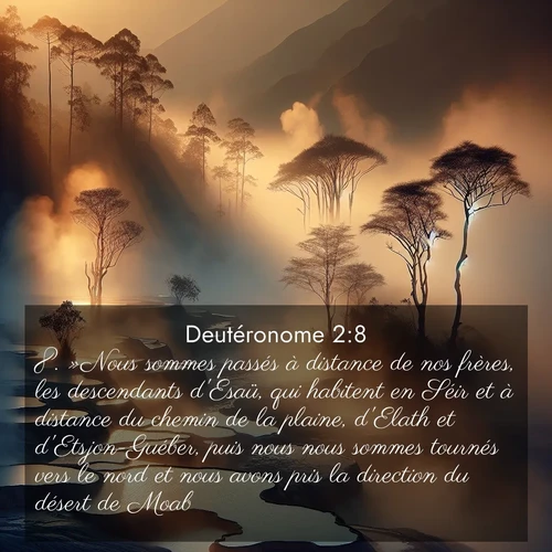 Segond21 Deutéronome  ; image nature: image avec le verset biblique :»Nous sommes passés à distance de nos frères, les descendants d&#039;Esaü, qui habitent en Séir et à distance du chemin de la plaine, d&#039;Elath et d&#039;Etsjon-Guéber, puis nous nous sommes tournés vers le nord et nous avons pris la direction du désert de Moab. ;  ; 2:8