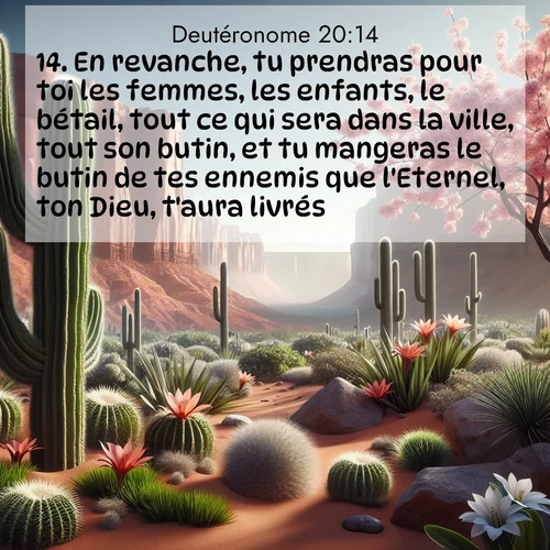 Segond21 Deutéronome  ; image nature: image avec le verset biblique :En revanche, tu prendras pour toi les femmes, les enfants, le bétail, tout ce qui sera dans la ville, tout son butin, et tu mangeras le butin de tes ennemis que l&#039;Eternel, ton Dieu, t&#039;aura livrés. ;  ; 20:14