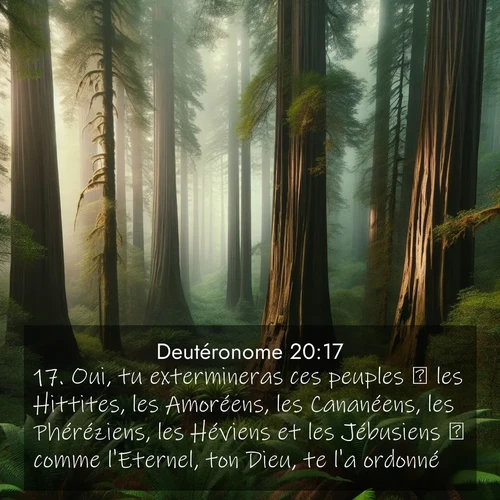 Segond21 Deutéronome  ; image nature: image avec le verset biblique :Oui, tu extermineras ces peuples  les Hittites, les Amoréens, les Cananéens, les Phéréziens, les Héviens et les Jébusiens  comme l&#039;Eternel, ton Dieu, te l&#039;a ordonné, ;  ; 20:17