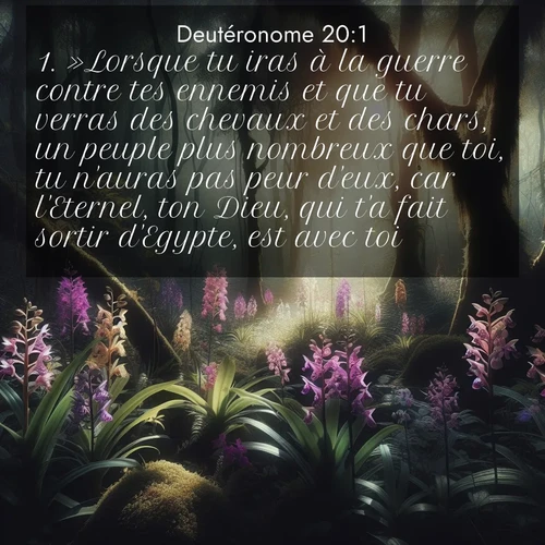 Segond21 Deutéronome  ; image nature: image avec le verset biblique :»Lorsque tu iras à la guerre contre tes ennemis et que tu verras des chevaux et des chars, un peuple plus nombreux que toi, tu n&#039;auras pas peur d&#039;eux, car l&#039;Eternel, ton Dieu, qui t&#039;a fait sortir d&#039;Egypte, est avec toi. ;  ; 20:1