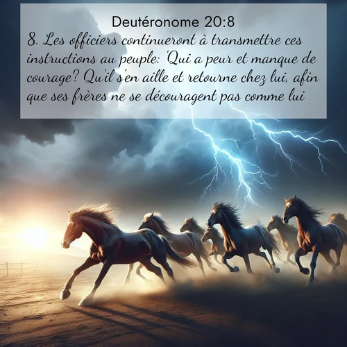 Segond21 Deutéronome  ; image nature: image avec le verset biblique :Les officiers continueront à transmettre ces instructions au peuple: &#039;Qui a peur et manque de courage? Qu&#039;il s&#039;en aille et retourne chez lui, afin que ses frères ne se découragent pas comme lui.&#039; ;  ; 20:8