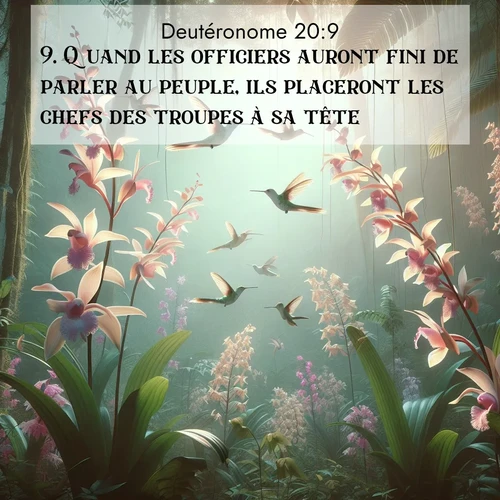 Segond21 Deutéronome  ; image nature: image avec le verset biblique :Quand les officiers auront fini de parler au peuple, ils placeront les chefs des troupes à sa tête. ;  ; 20:9