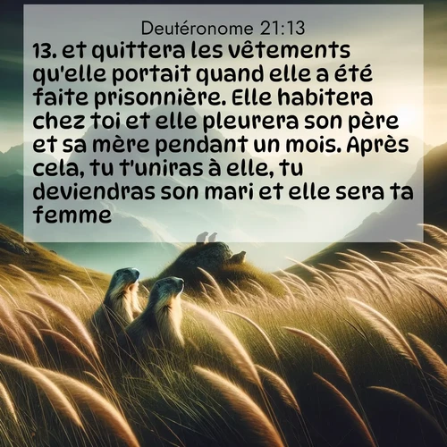 Segond21 Deutéronome  ; image nature: image avec le verset biblique :et quittera les vêtements qu&#039;elle portait quand elle a été faite prisonnière. Elle habitera chez toi et elle pleurera son père et sa mère pendant un mois. Après cela, tu t&#039;uniras à elle, tu deviendras son mari et elle sera ta femme. ;  ; 21:13