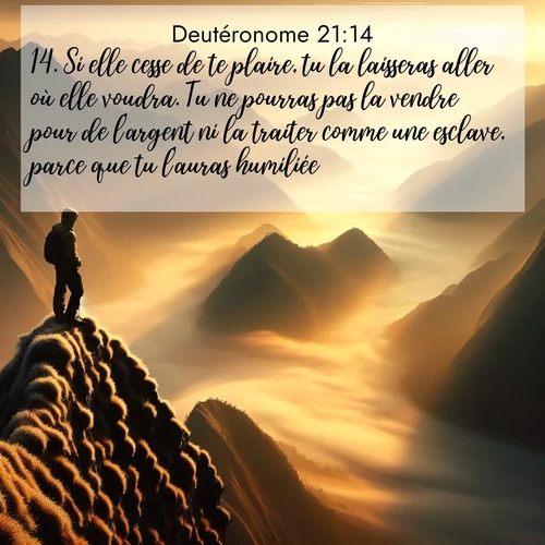 Segond21 Deutéronome  ; image nature: image avec le verset biblique :Si elle cesse de te plaire, tu la laisseras aller où elle voudra. Tu ne pourras pas la vendre pour de l&#039;argent ni la traiter comme une esclave, parce que tu l&#039;auras humiliée. ;  ; 21:14