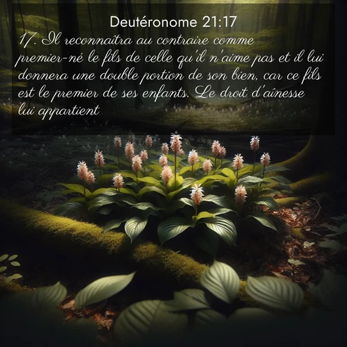 Segond21 Deutéronome  ; image nature: image avec le verset biblique :Il reconnaîtra au contraire comme premier-né le fils de celle qu&#039;il n&#039;aime pas et il lui donnera une double portion de son bien, car ce fils est le premier de ses enfants. Le droit d&#039;aînesse lui appartient. ;  ; 21:17