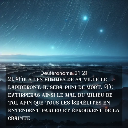 Segond21 Deutéronome  ; image nature: image avec le verset biblique :Tous les hommes de sa ville le lapideront, il sera puni de mort. Tu extirperas ainsi le mal du milieu de toi, afin que tous les Israélites en entendent parler et éprouvent de la crainte. ;  ; 21:21