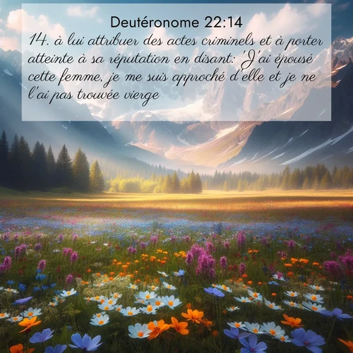 Segond21 Deutéronome  ; image nature: image avec le verset biblique :à lui attribuer des actes criminels et à porter atteinte à sa réputation en disant: &#039;J&#039;ai épousé cette femme, je me suis approché d&#039;elle et je ne l&#039;ai pas trouvée vierge.&#039; ;  ; 22:14