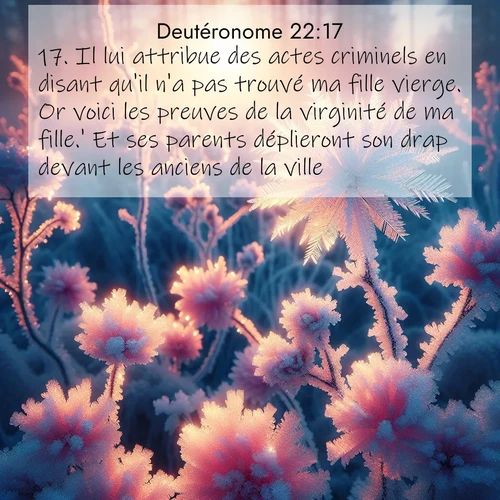Segond21 Deutéronome  ; image nature: image avec le verset biblique :Il lui attribue des actes criminels en disant qu&#039;il n&#039;a pas trouvé ma fille vierge. Or voici les preuves de la virginité de ma fille.&#039; Et ses parents déplieront son drap devant les anciens de la ville. ;  ; 22:17