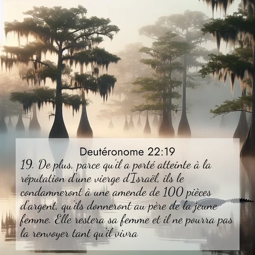 Segond21 Deutéronome  ; image nature: image avec le verset biblique :De plus, parce qu&#039;il a porté atteinte à la réputation d&#039;une vierge d&#039;Israël, ils le condamneront à une amende de 100 pièces d&#039;argent, qu&#039;ils donneront au père de la jeune femme. Elle restera sa femme et il ne pourra pas la renvoyer tant qu&#039;il vivra. ;  ; 22:19