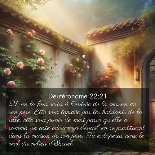 Segond21 Deutéronome  ; image nature: image avec le verset biblique :on la fera sortir à l&#039;entrée de la maison de son père. Elle sera lapidée par les habitants de la ville, elle sera punie de mort parce qu&#039;elle a commis un acte odieux en Israël en se prostituant dans la maison de son père. Tu extirperas ainsi le mal du milieu d&#039;Israël. ;  ; 22:21