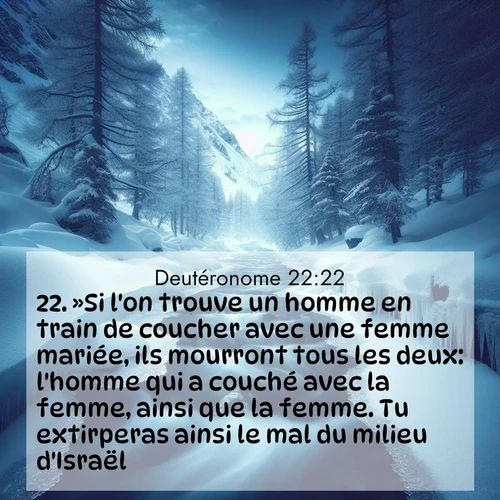 Segond21 Deutéronome  ; image nature: image avec le verset biblique :»Si l&#039;on trouve un homme en train de coucher avec une femme mariée, ils mourront tous les deux: l&#039;homme qui a couché avec la femme, ainsi que la femme. Tu extirperas ainsi le mal du milieu d&#039;Israël. ;  ; 22:22