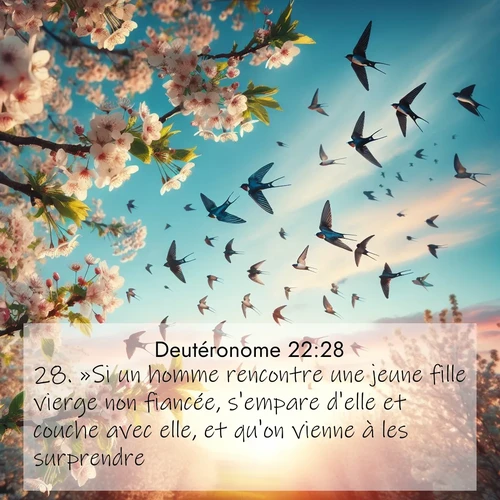 Segond21 Deutéronome  ; image nature: image avec le verset biblique :»Si un homme rencontre une jeune fille vierge non fiancée, s&#039;empare d&#039;elle et couche avec elle, et qu&#039;on vienne à les surprendre, ;  ; 22:28