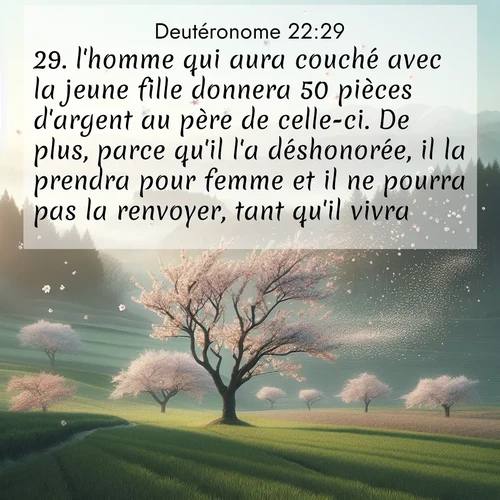 Segond21 Deutéronome  ; image nature: image avec le verset biblique :l&#039;homme qui aura couché avec la jeune fille donnera 50 pièces d&#039;argent au père de celle-ci. De plus, parce qu&#039;il l&#039;a déshonorée, il la prendra pour femme et il ne pourra pas la renvoyer, tant qu&#039;il vivra. ;  ; 22:29