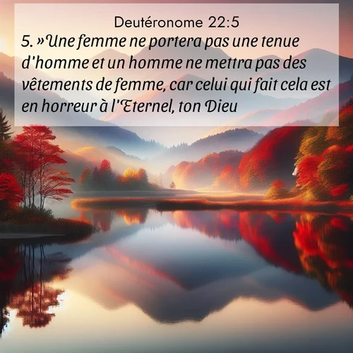 Segond21 Deutéronome  ; image nature: image avec le verset biblique :»Une femme ne portera pas une tenue d&#039;homme et un homme ne mettra pas des vêtements de femme, car celui qui fait cela est en horreur à l&#039;Eternel, ton Dieu. ;  ; 22:5