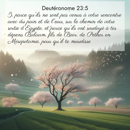 Segond21 Deutéronome  ; image nature: image avec le verset biblique :parce qu&#039;ils ne sont pas venus à votre rencontre avec du pain et de l&#039;eau, sur le chemin de votre sortie d&#039;Egypte, et parce qu&#039;ils ont soudoyé à tes dépens Balaam, fils de Beor, de Pethor en Mésopotamie, pour qu&#039;il te maudisse. ;  ; 23:5