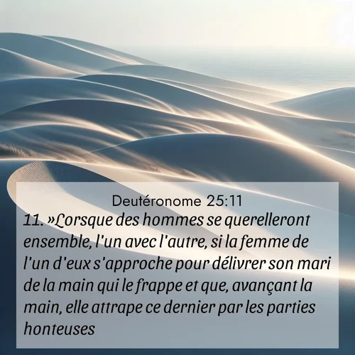 Segond21 Deutéronome  ; image nature: image avec le verset biblique :»Lorsque des hommes se querelleront ensemble, l&#039;un avec l&#039;autre, si la femme de l&#039;un d&#039;eux s&#039;approche pour délivrer son mari de la main qui le frappe et que, avançant la main, elle attrape ce dernier par les parties honteuses, ;  ; 25:11
