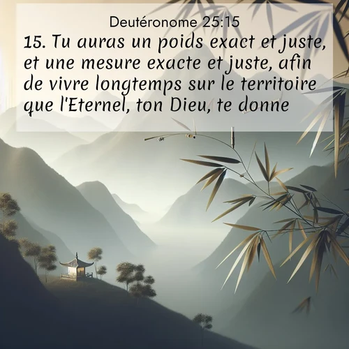 Segond21 Deutéronome  ; image nature: image avec le verset biblique :Tu auras un poids exact et juste, et une mesure exacte et juste, afin de vivre longtemps sur le territoire que l&#039;Eternel, ton Dieu, te donne. ;  ; 25:15