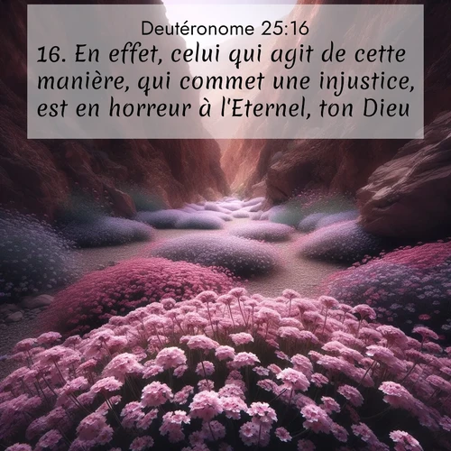 Segond21 Deutéronome  ; image nature: image avec le verset biblique :En effet, celui qui agit de cette manière, qui commet une injustice, est en horreur à l&#039;Eternel, ton Dieu. ;  ; 25:16