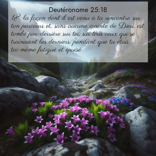 Segond21 Deutéronome  ; image nature: image avec le verset biblique :la façon dont il est venu à ta rencontre sur ton parcours et, sans aucune crainte de Dieu, est tombé par-derrière sur toi, sur tous ceux qui se traînaient les derniers, pendant que tu étais toi-même fatigué et épuisé. ;  ; 25:18