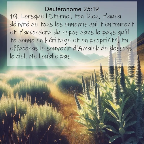 Segond21 Deutéronome  ; image nature: image avec le verset biblique :Lorsque l&#039;Eternel, ton Dieu, t&#039;aura délivré de tous les ennemis qui t&#039;entourent et t&#039;accordera du repos dans le pays qu&#039;il te donne en héritage et en propriété, tu effaceras le souvenir d&#039;Amalek de dessous le ciel. Ne l&#039;oublie pas. ;  ; 25:19