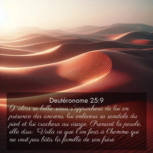 Segond21 Deutéronome  ; image nature: image avec le verset biblique :alors sa belle-soeur s&#039;approchera de lui en présence des anciens, lui enlèvera sa sandale du pied et lui crachera au visage. Prenant la parole, elle dira: &#039;Voilà ce que l&#039;on fera à l&#039;homme qui ne veut pas bâtir la famille de son frère.&#039; ;  ; 25:9