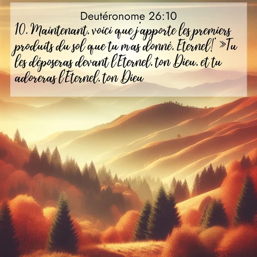 Segond21 Deutéronome  ; image nature: image avec le verset biblique :Maintenant, voici que j&#039;apporte les premiers produits du sol que tu m&#039;as donné, Eternel!&#039; »Tu les déposeras devant l&#039;Eternel, ton Dieu, et tu adoreras l&#039;Eternel, ton Dieu. ;  ; 26:10