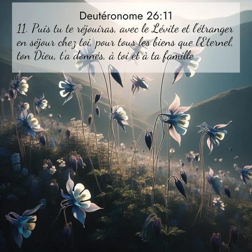 Segond21 Deutéronome  ; image nature: image avec le verset biblique :Puis tu te réjouiras, avec le Lévite et l&#039;étranger en séjour chez toi, pour tous les biens que l&#039;Eternel, ton Dieu, t&#039;a donnés, à toi et à ta famille. ;  ; 26:11